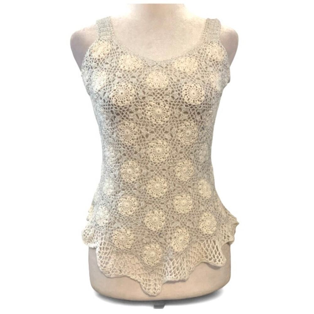 Y2K Cream Silver Crochet Tank Top Handmade Boho Small